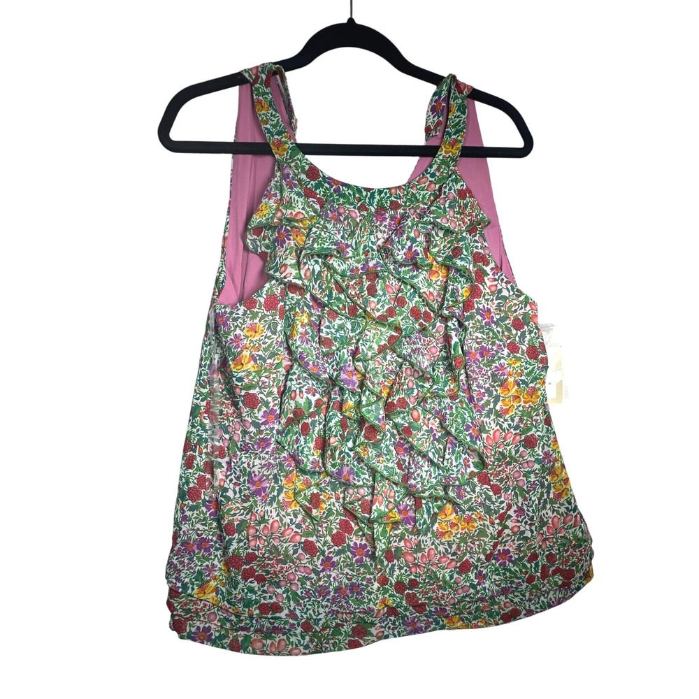 ECI New York Floral Ruffle Tank Top Size 14 Women Sleeveless Blouse Pink Lined‎